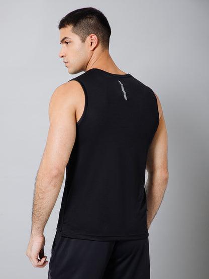 Regular Fit Solid Round Neck Sleeveless Black Active Wear T-Shirt for Men