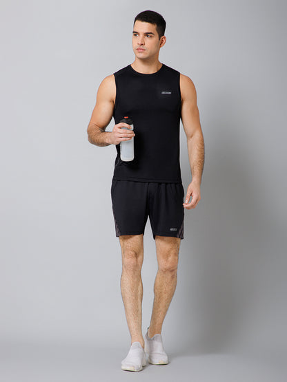 Regular Fit Solid Round Neck Sleeveless Black Active Wear T-Shirt for Men