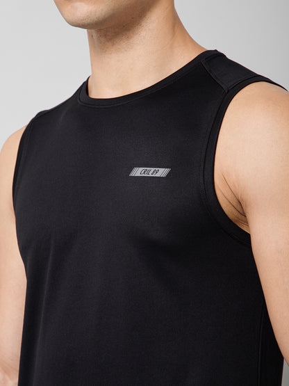 Regular Fit Solid Round Neck Sleeveless Black Active Wear T-Shirt for Men