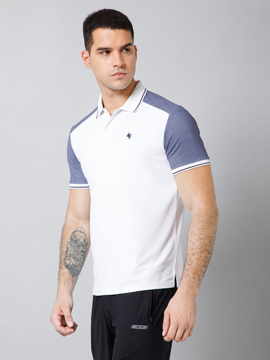 Regular Fit Solid Polo Neck Half Sleeve White Active Wear T-Shirt for Men