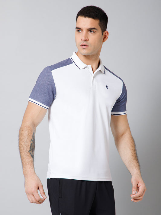 Regular Fit Solid Polo Neck Half Sleeve White Active Wear T-Shirt for Men