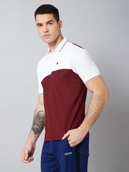 Regular Fit Colorblock Polo Neck Half Sleeve Maroon Active Wear T-Shirt for Men