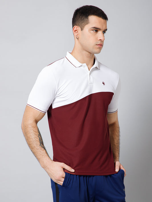 Regular Fit Colorblock Polo Neck Half Sleeve Maroon Active Wear T-Shirt for Men