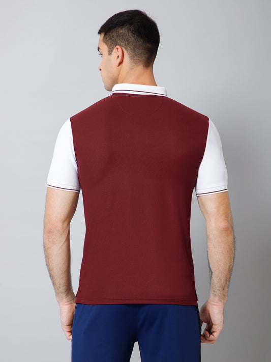 Regular Fit Colorblock Polo Neck Half Sleeve Maroon Active Wear T-Shirt for Men