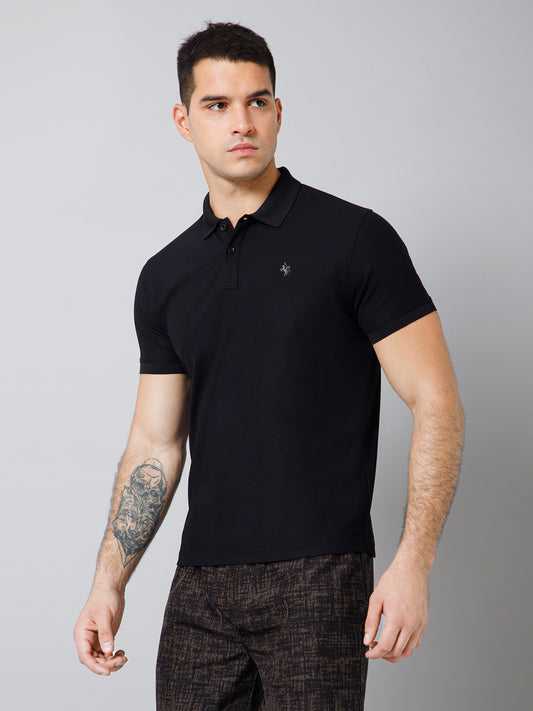 Regular Fit Solid Polo Neck Half Sleeve Black Active Wear T-Shirt for Men