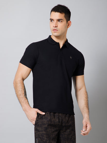 Regular Fit Solid Polo Neck Half Sleeve Black Active Wear T-Shirt for Men