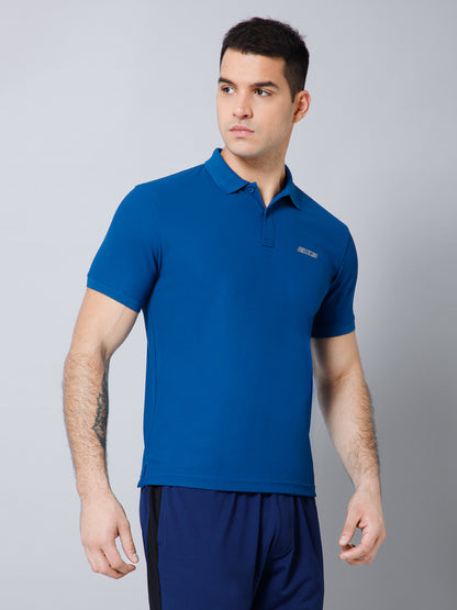 Regular Fit Solid Polo Neck Half Sleeve Blue Active Wear T-Shirt for Men