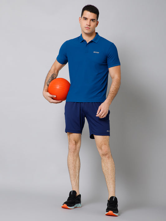 Regular Fit Solid Polo Neck Half Sleeve Blue Active Wear T-Shirt for Men