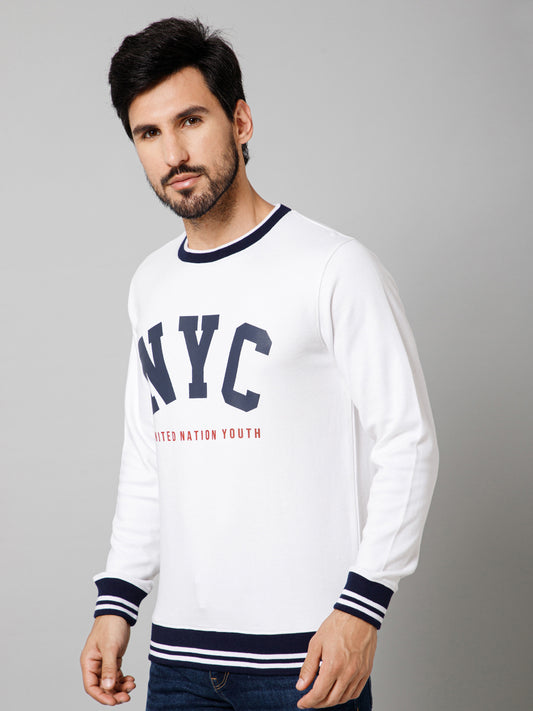 Printed White Full Sleeves Round Neck Regular Fit Casual Sweatshirt For Mens