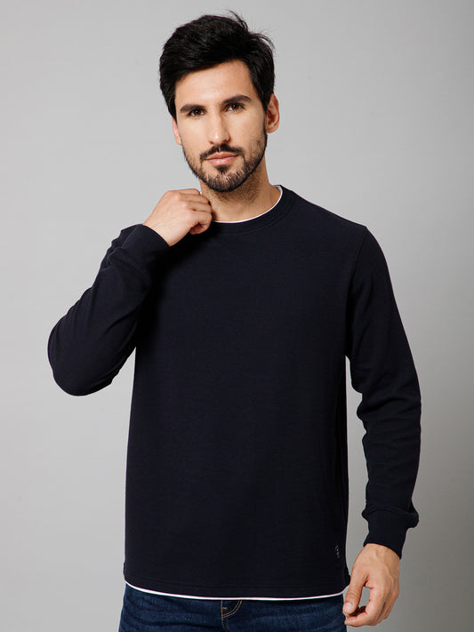 Solid Navy Blue Full Sleeves Round Neck Regular Fit Casual Sweatshirt For Men