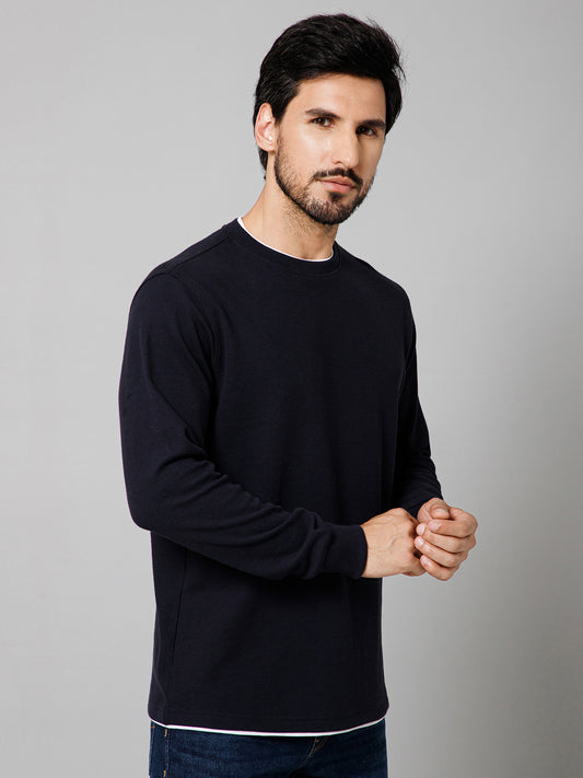 Solid Navy Blue Full Sleeves Round Neck Regular Fit Casual Sweatshirt For Men