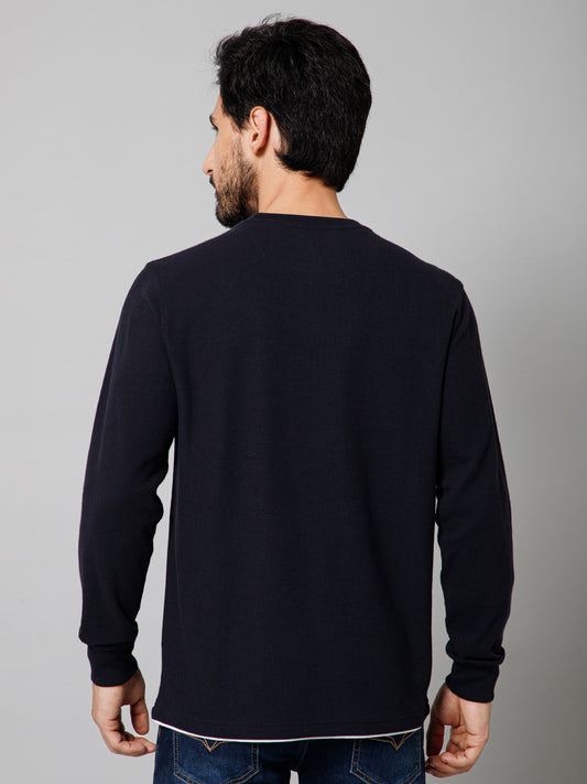 Solid Navy Blue Full Sleeves Round Neck Regular Fit Casual Sweatshirt For Men