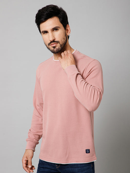 Solid Pink Full Sleeves Round Neck Regular Fit Casual Sweatshirt for Mens