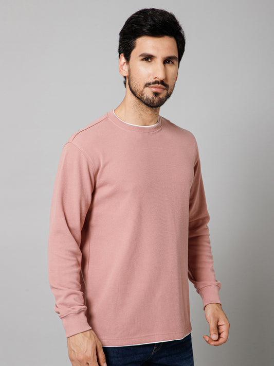 Solid Pink Full Sleeves Round Neck Regular Fit Casual Sweatshirt for Mens