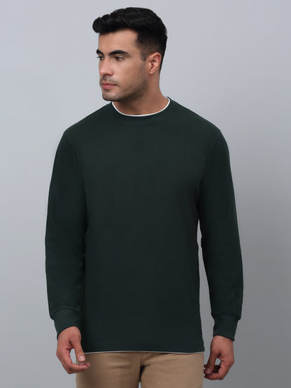 Self Design Bottle Green Full Sleeves Round Neck Regular Fit Casual T-shirt for Men