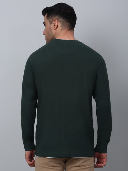 Self Design Bottle Green Full Sleeves Round Neck Regular Fit Casual T-shirt for Men