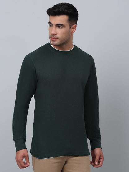 Self Design Bottle Green Full Sleeves Round Neck Regular Fit Casual T-shirt for Men