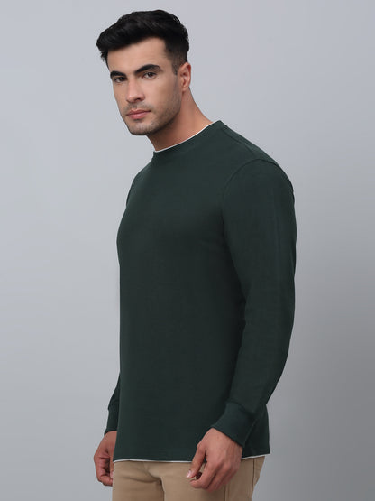 Self Design Bottle Green Full Sleeves Round Neck Regular Fit Casual T-shirt for Men