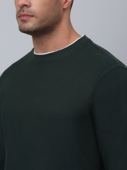 Self Design Bottle Green Full Sleeves Round Neck Regular Fit Casual T-shirt for Men