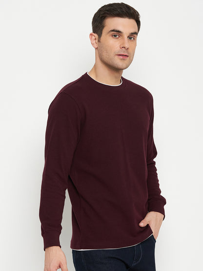 Self Design Wine Full Sleeves Round Neck Regular Fit Casual Sweatshirt for Men
