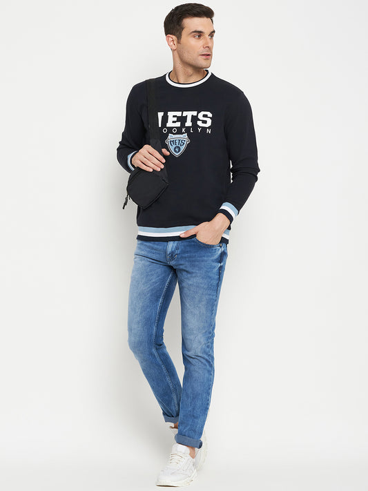 Typography Printed Navy Blue Full Sleeves Round Neck Regular Fit Casual Sweatshirt for Men