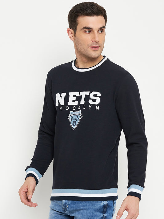 Typography Printed Navy Blue Full Sleeves Round Neck Regular Fit Casual Sweatshirt for Men
