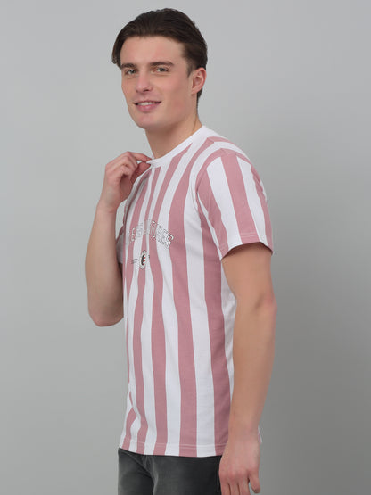 Men's Dusty Pink Vertical Stripe Round neck Half Sleeve T-Shirt with Print