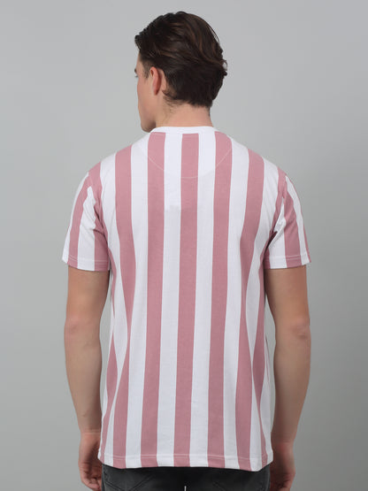 Men's Dusty Pink Vertical Stripe Round neck Half Sleeve T-Shirt with Print