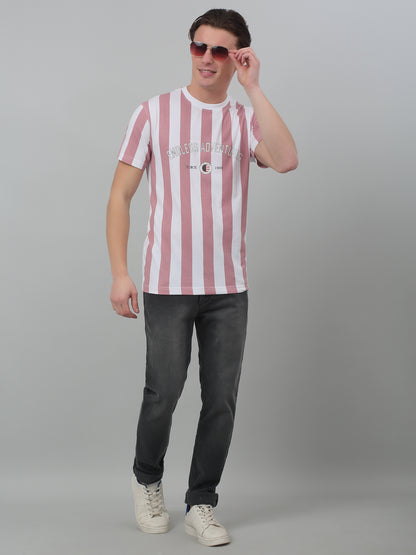 Men's Dusty Pink Vertical Stripe Round neck Half Sleeve T-Shirt with Print