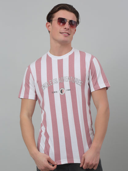 Men's Dusty Pink Vertical Stripe Round neck Half Sleeve T-Shirt with Print