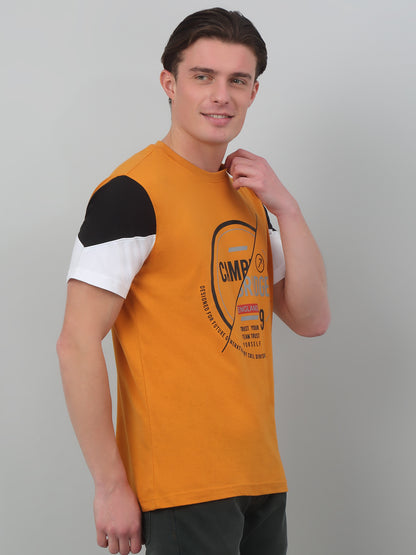 Men's Mustard  Round neck Half Sleeve T-Shirt with contrast panel sleeve