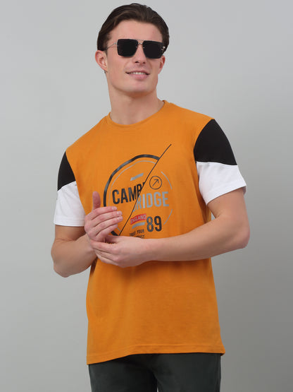 Men's Mustard  Round neck Half Sleeve T-Shirt with contrast panel sleeve