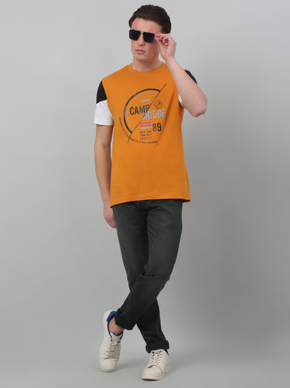 Men's Mustard  Round neck Half Sleeve T-Shirt with contrast panel sleeve