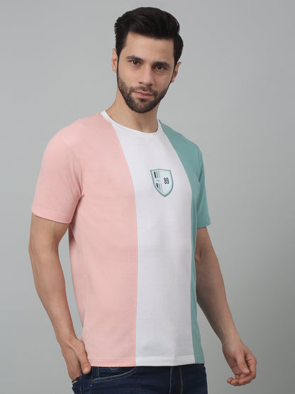 Men's Light Pink Vertical 3 color block Round neck Half Sleeve T-Shirt