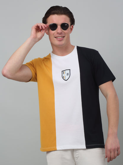 Men's Mustard Vertical 3 color block Round neck Half Sleeve T-Shirt