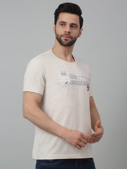 Men's Light Beige Round neck Half Sleeve T-Shirt with Typographic print