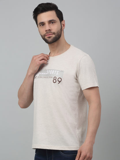 Men's Light Beige Round neck Half Sleeve T-Shirt with Typographic print