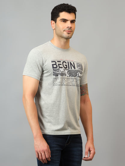 Men's Grey Melange Round neck Half Sleeve T-Shirt with Typographic print