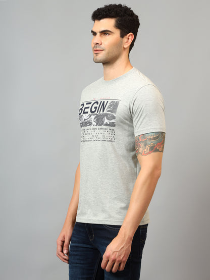 Men's Grey Melange Round neck Half Sleeve T-Shirt with Typographic print