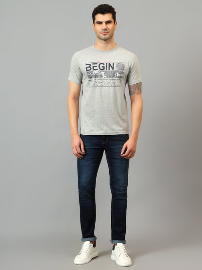 Men's Grey Melange Round neck Half Sleeve T-Shirt with Typographic print