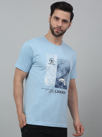 Men's Sky Blue Round neck Half Sleeve T-Shirt with Typographic print