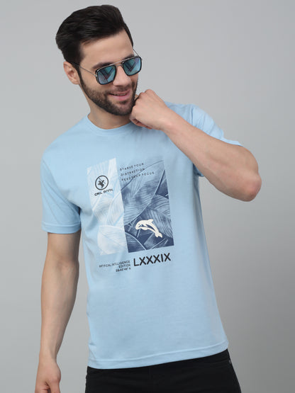 Men's Sky Blue Round neck Half Sleeve T-Shirt with Typographic print