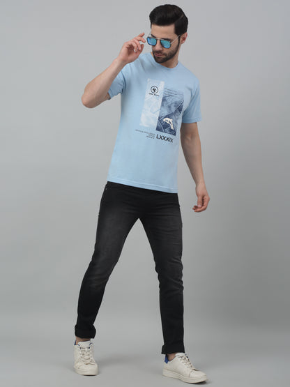 Men's Sky Blue Round neck Half Sleeve T-Shirt with Typographic print