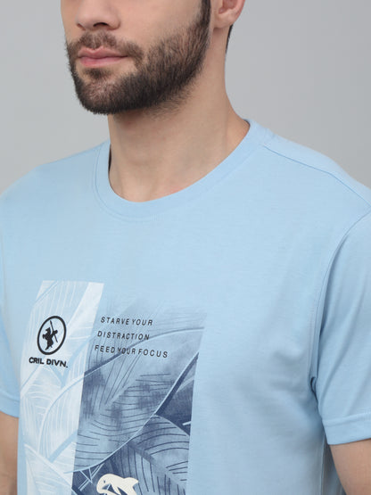 Men's Sky Blue Round neck Half Sleeve T-Shirt with Typographic print