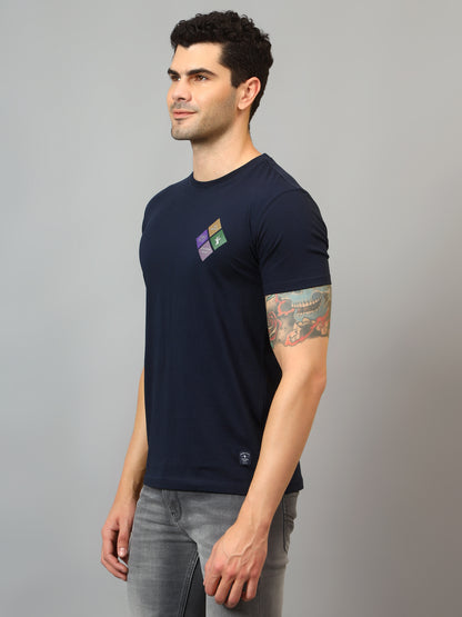 Men's Navy Blue Round neck Half Sleeve T-Shirt with Chest Stamp Print