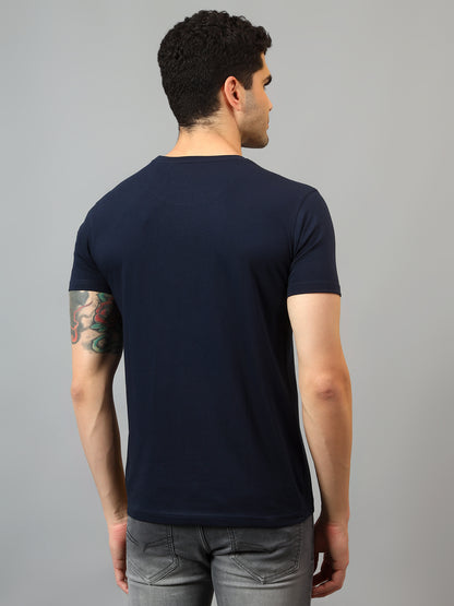 Men's Navy Blue Round neck Half Sleeve T-Shirt with Chest Stamp Print