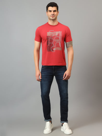 Men's Red  Round neck Half Sleeve T-Shirt with Typographic print