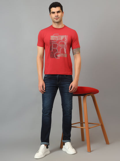 Men's Red  Round neck Half Sleeve T-Shirt with Typographic print