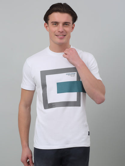 Men's White  Round neck Half Sleeve T-Shirt with Print