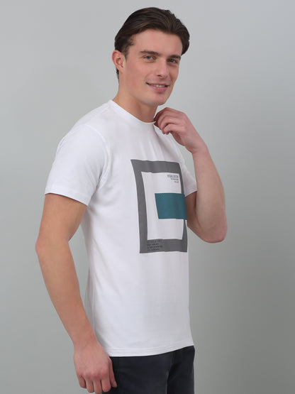 Men's White  Round neck Half Sleeve T-Shirt with Print